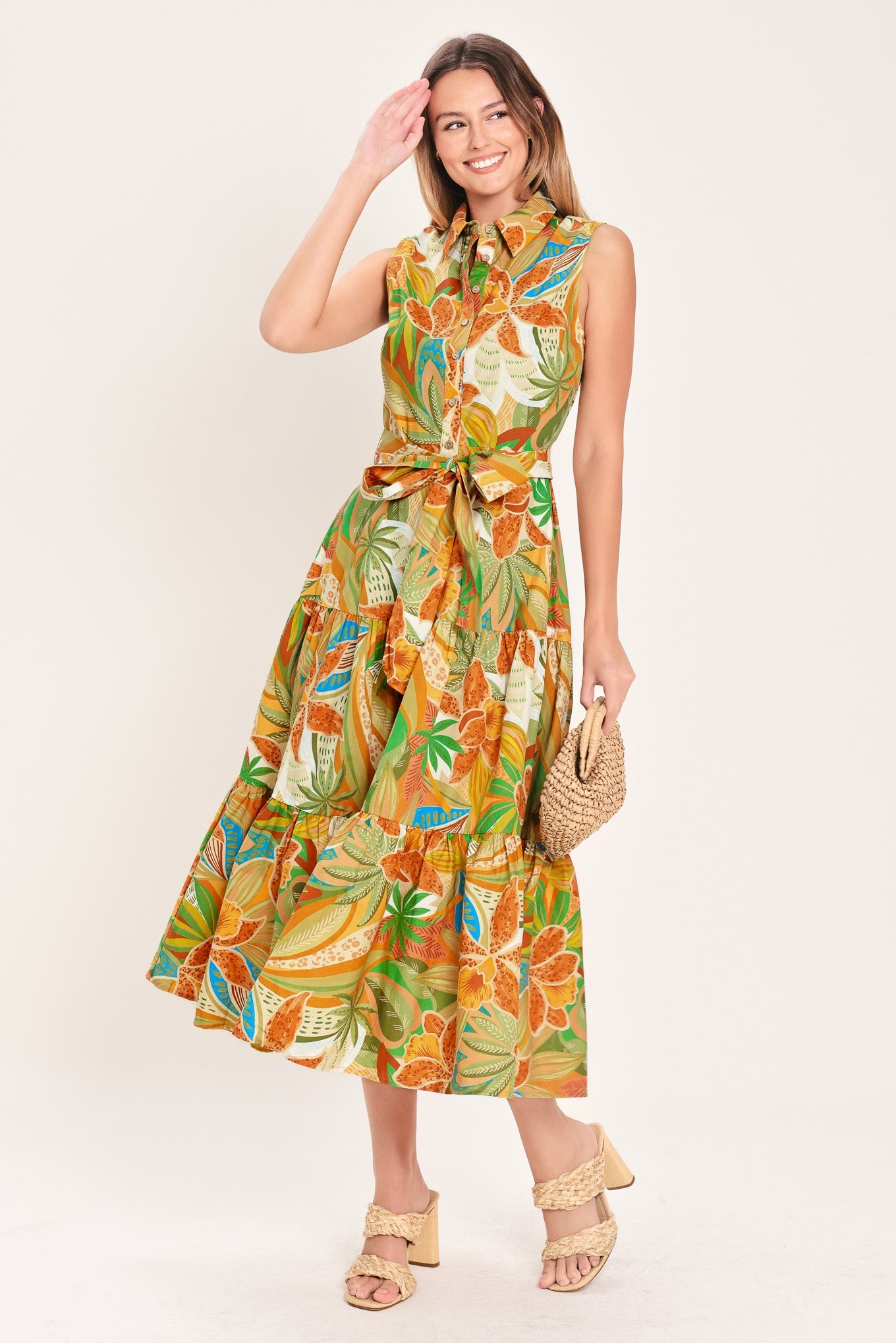 TROPICAL BLOOM TIERED WOVEN MIDI SHIRT DRESS - Glamourous Grace