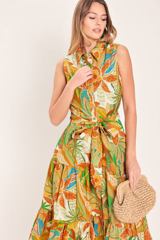TROPICAL BLOOM TIERED WOVEN MIDI SHIRT DRESS - Glamourous Grace