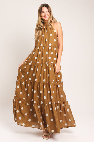 Flying Tomato honey polka woven maxi dress in ivory taupe with a flowing skirt and woven fabric design.