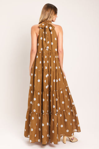 Flying Tomato Honey Polka Woven Maxi Dress in ivory taupe with a flowing, patterned design perfect for summer wear.