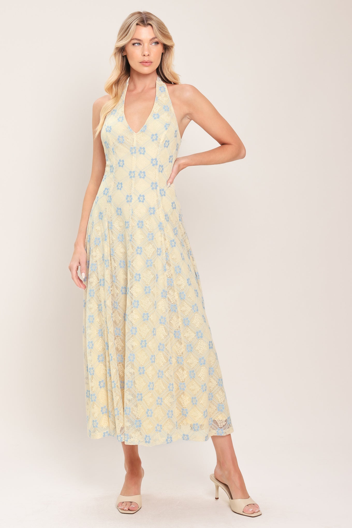 DELICATE BLOOM HALTER WOVEN LACE MIDI DRESS - Glamourous Grace