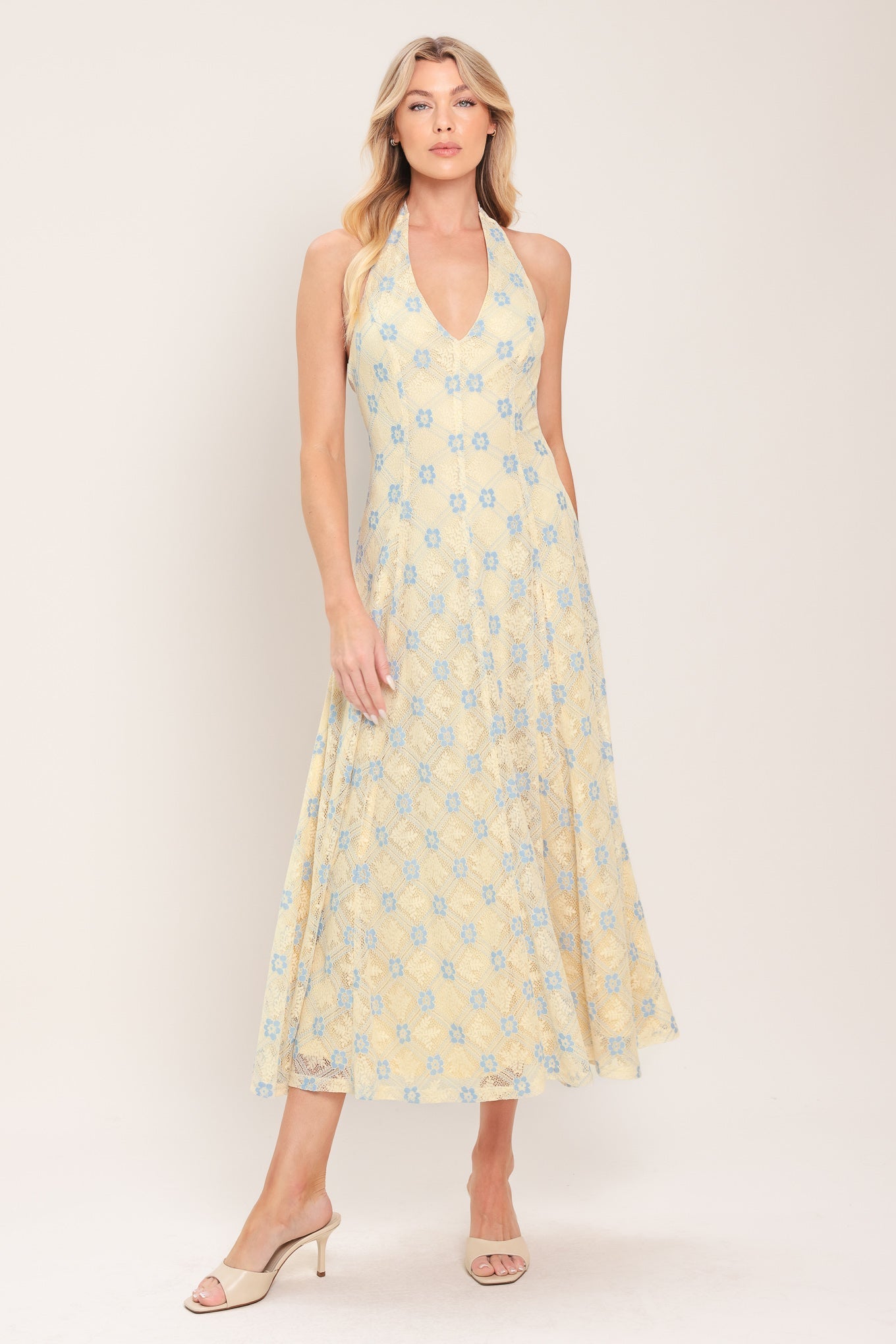 DELICATE BLOOM HALTER WOVEN LACE MIDI DRESS - Glamourous Grace