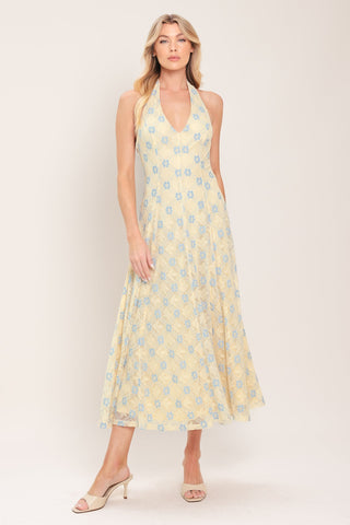 DELICATE BLOOM HALTER WOVEN LACE MIDI DRESS - Glamourous Grace