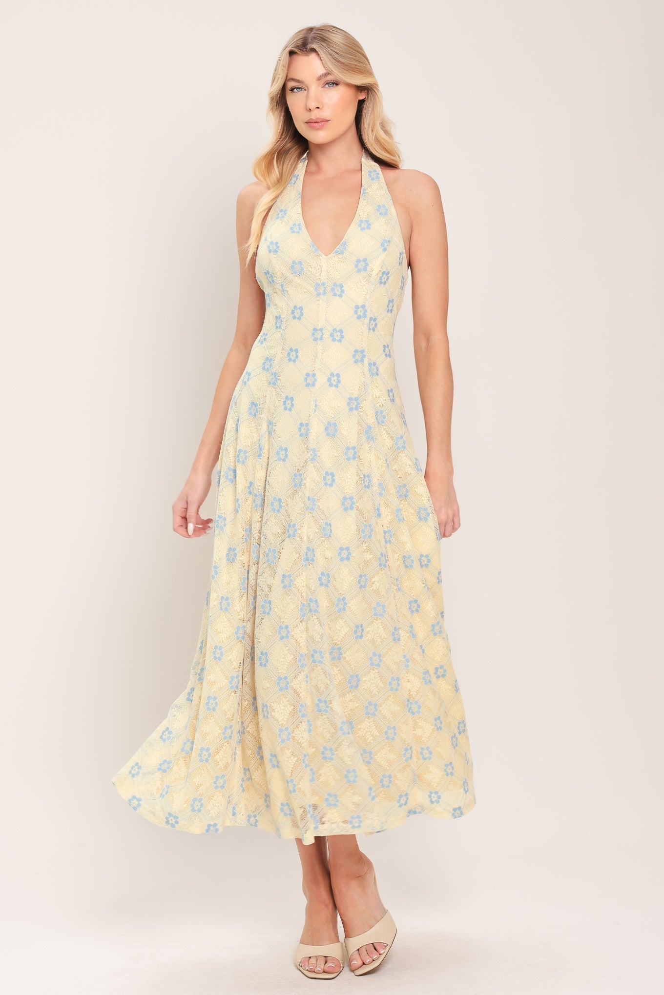 DELICATE BLOOM HALTER WOVEN LACE MIDI DRESS - Glamourous Grace