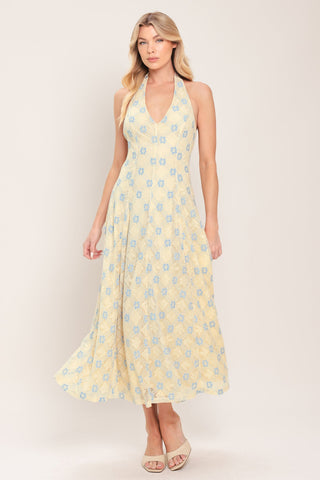 DELICATE BLOOM HALTER WOVEN LACE MIDI DRESS - Glamourous Grace