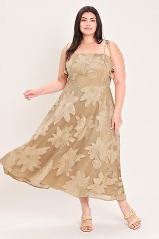 SANDY BLOOM FLORAL WOVEN LACE MIDI DRESS