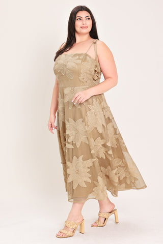 SANDY BLOOM FLORAL WOVEN LACE MIDI DRESS