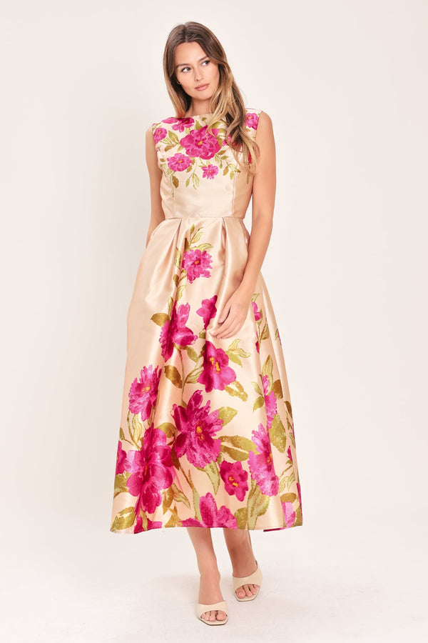 SOFT SATIN FLORAL WOVEN MIDI DRESS - Glamourous Grace