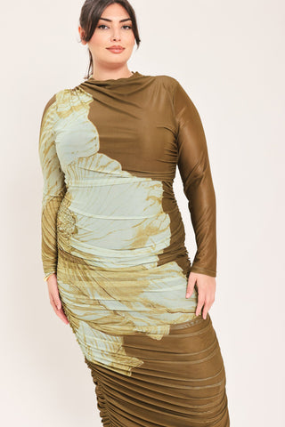 BROWN BLOSSOM CONTOUR POWER MESH MIDI DRESS