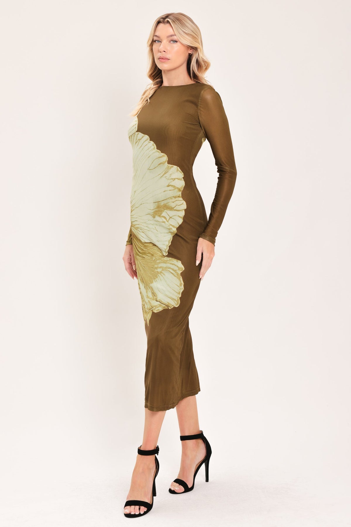 BROWN BLOSSOM CONTOUR POWER MESH MIDI DRESS - Glamourous Grace