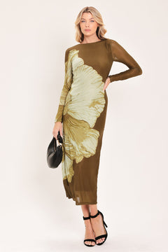 BROWN BLOSSOM CONTOUR POWER MESH MIDI DRESS
