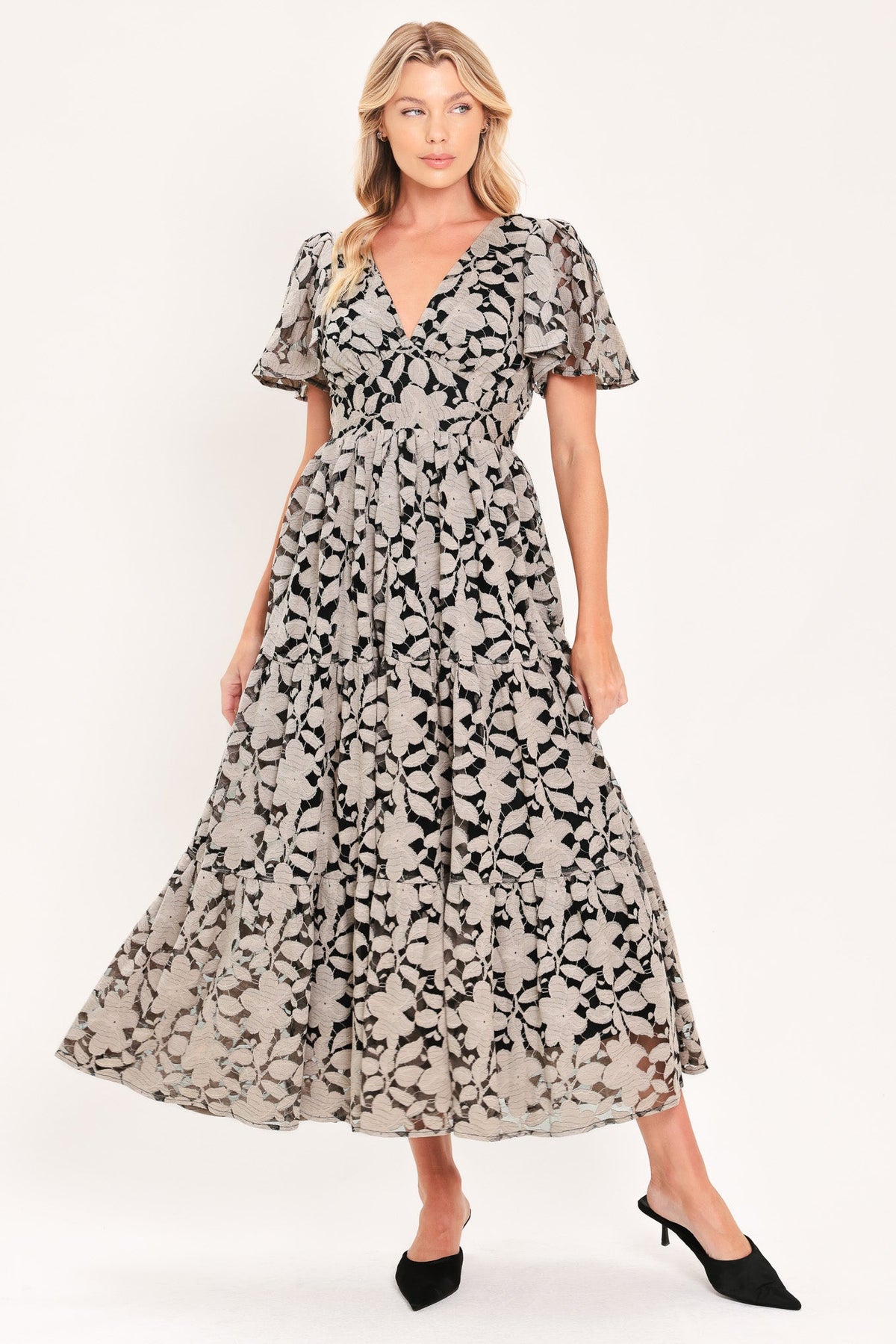 ASHEN FLORAL MAJESTY WOVEN LACE MIDI DRESS - Glamourous Grace