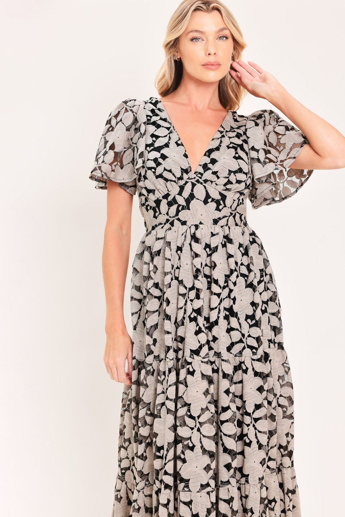 ASHEN FLORAL MAJESTY WOVEN LACE MIDI DRESS - Glamourous Grace