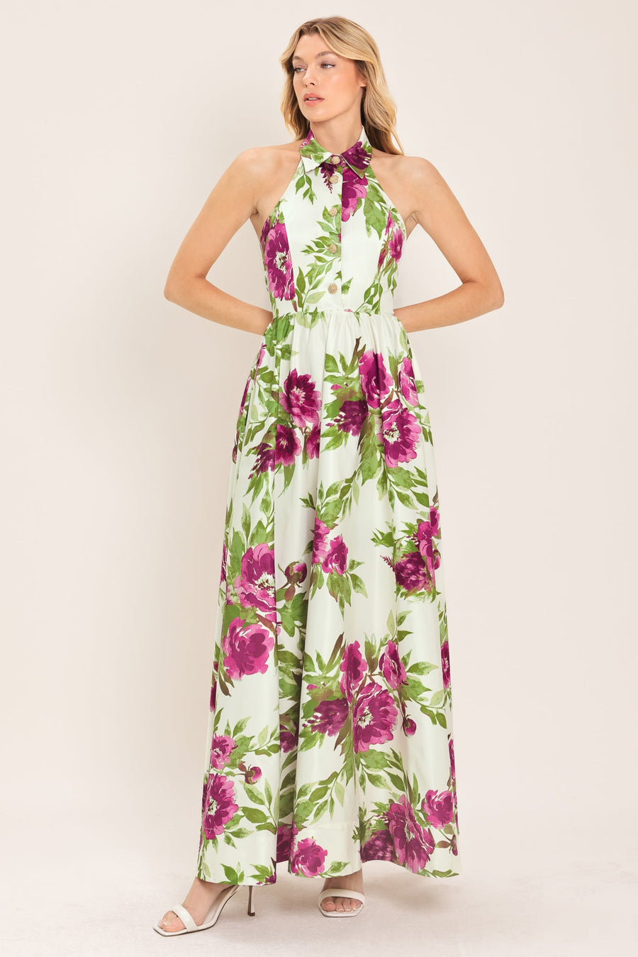 FUCHSIA ROSE HALTER WOVEN MAXI DRESS - Glamourous Grace