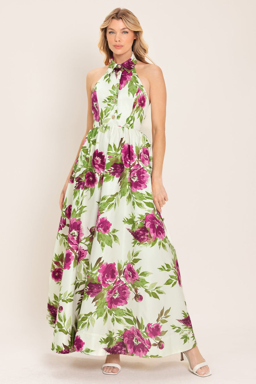 FUCHSIA ROSE HALTER WOVEN MAXI DRESS - Glamourous Grace
