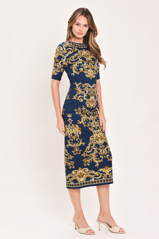 NOBLE GOLDEN FLOURISH WOVEN MIDI DRESS
