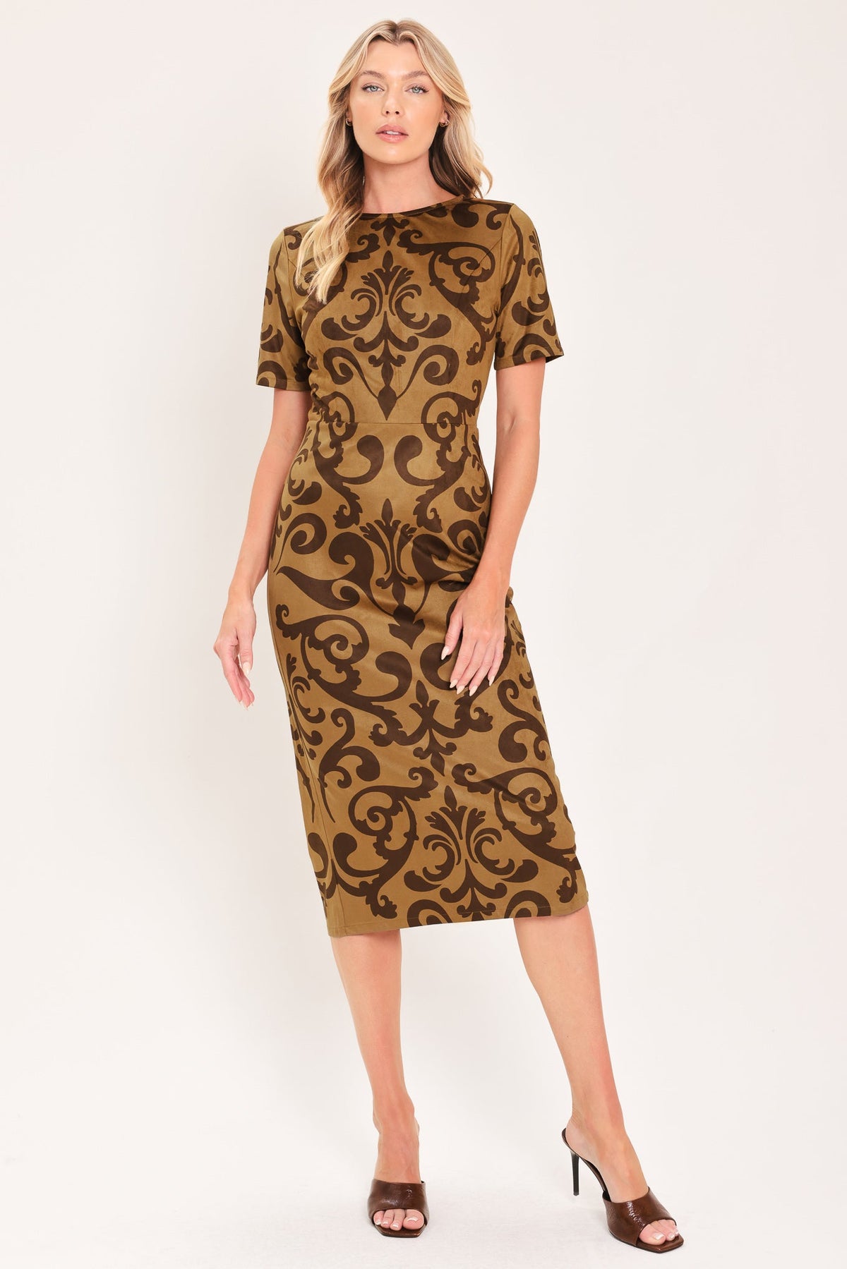 COGNAC SCROLL SILHOUETTE FAUX SUEDE MIDI DRESS - Glamourous Grace