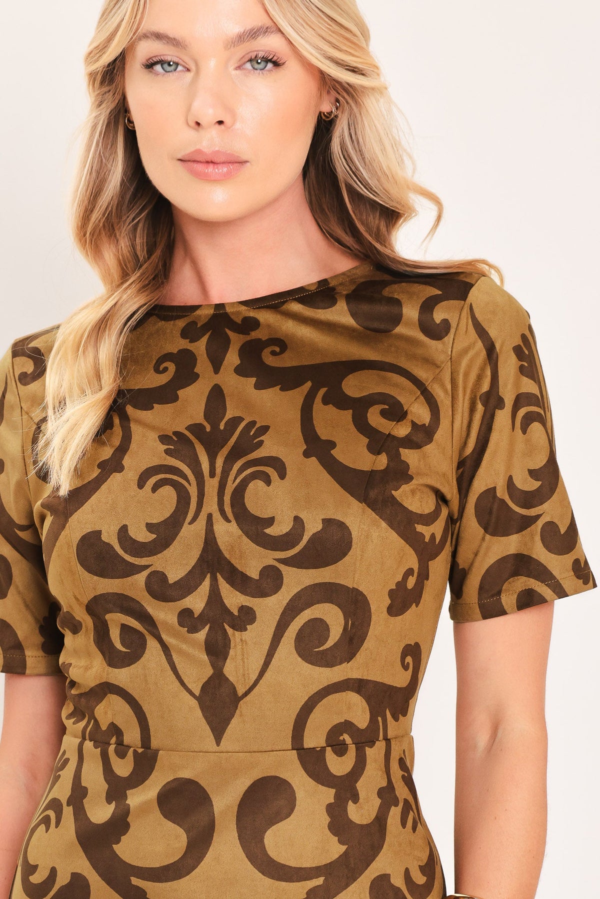COGNAC SCROLL SILHOUETTE FAUX SUEDE MIDI DRESS - Glamourous Grace
