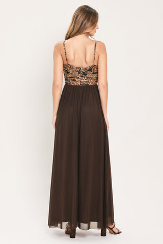 AUTUMN ARABESQUE KISS POWER MESH MAXI DRESS