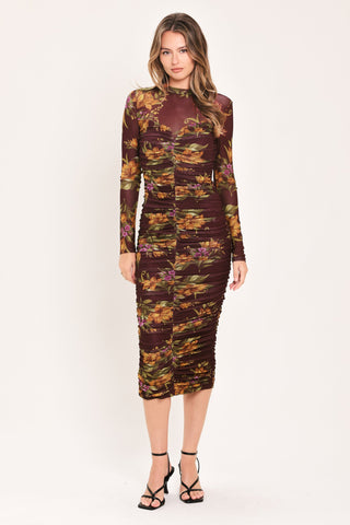 RUSSET FLORAL ELEGANCE POWER MESH MIDI DRESS
