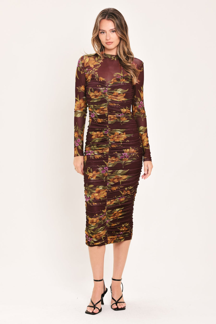 RUSSET FLORAL ELEGANCE POWER MESH MIDI DRESS