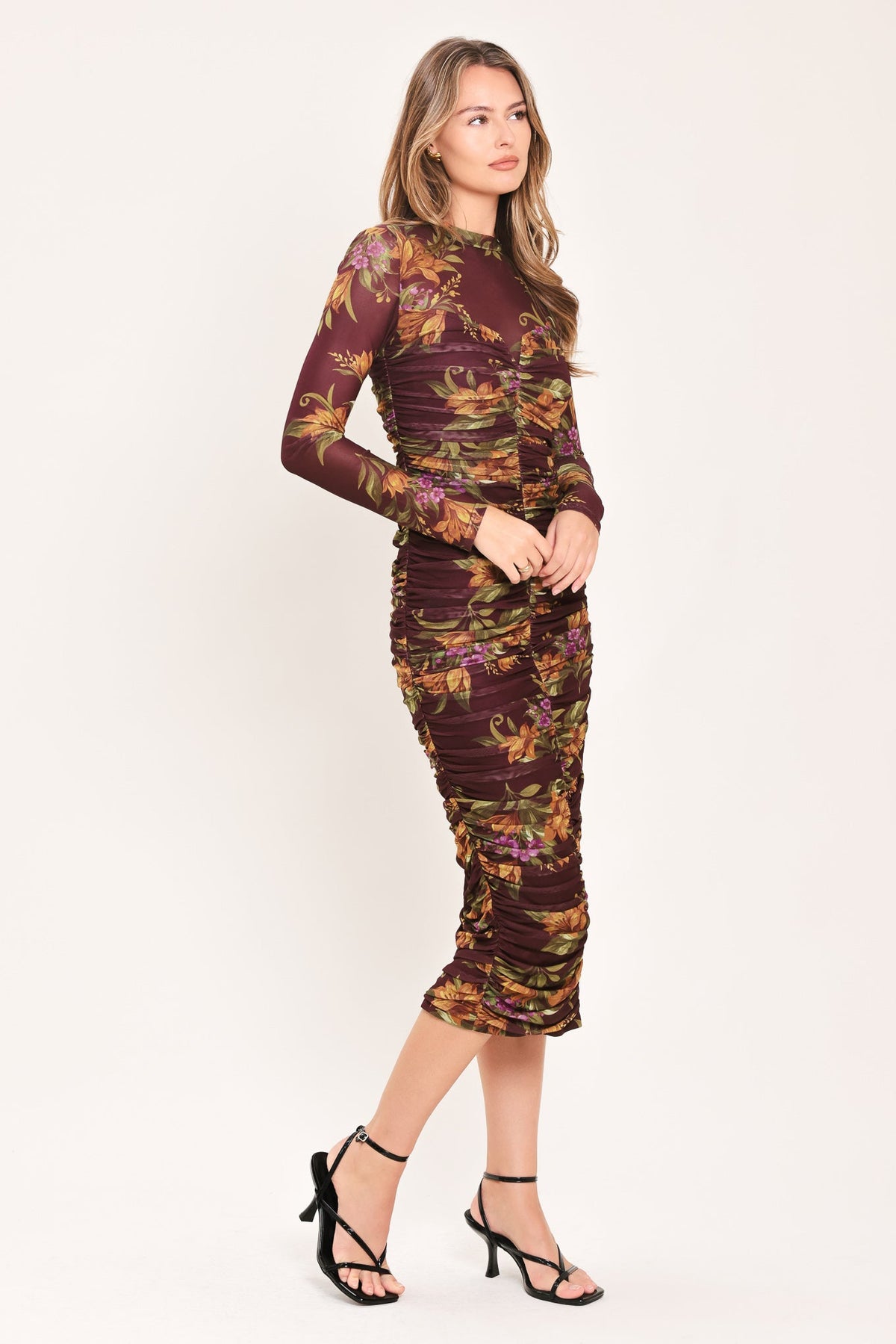 RUSSET FLORAL ELEGANCE POWER MESH MIDI DRESS - Glamourous Grace