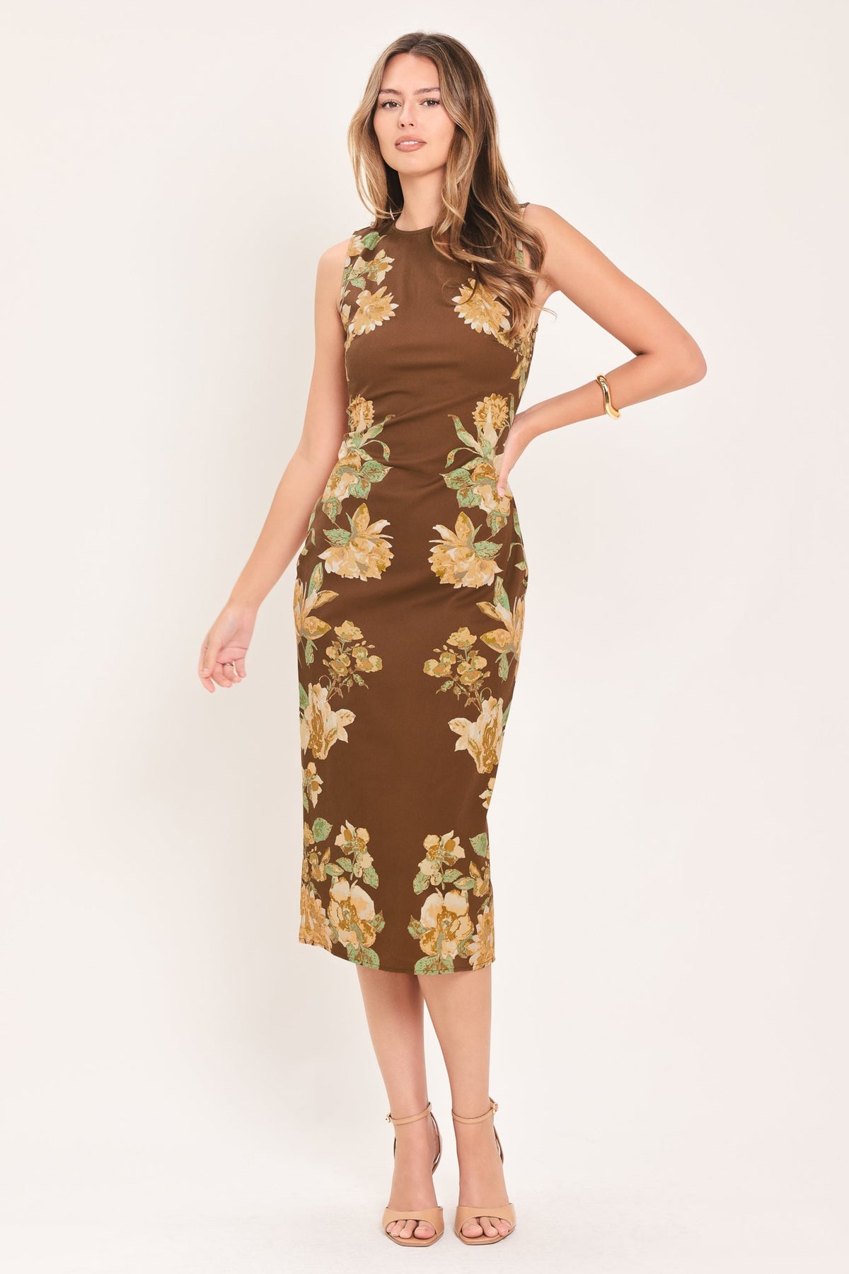 SEPIA FLORA SCULPTURE WOVEN MIDI DRESS - Glamourous Grace