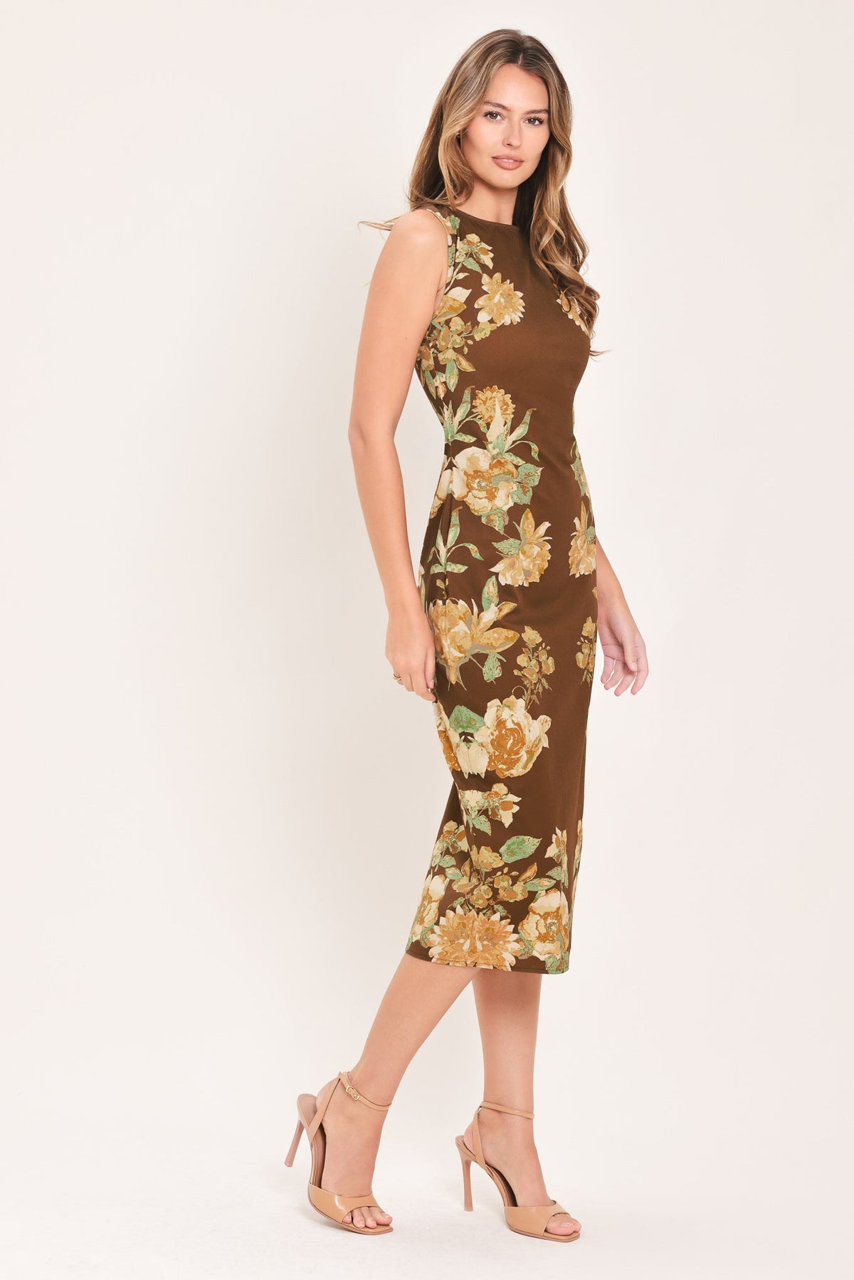 SEPIA FLORA SCULPTURE WOVEN MIDI DRESS - Glamourous Grace