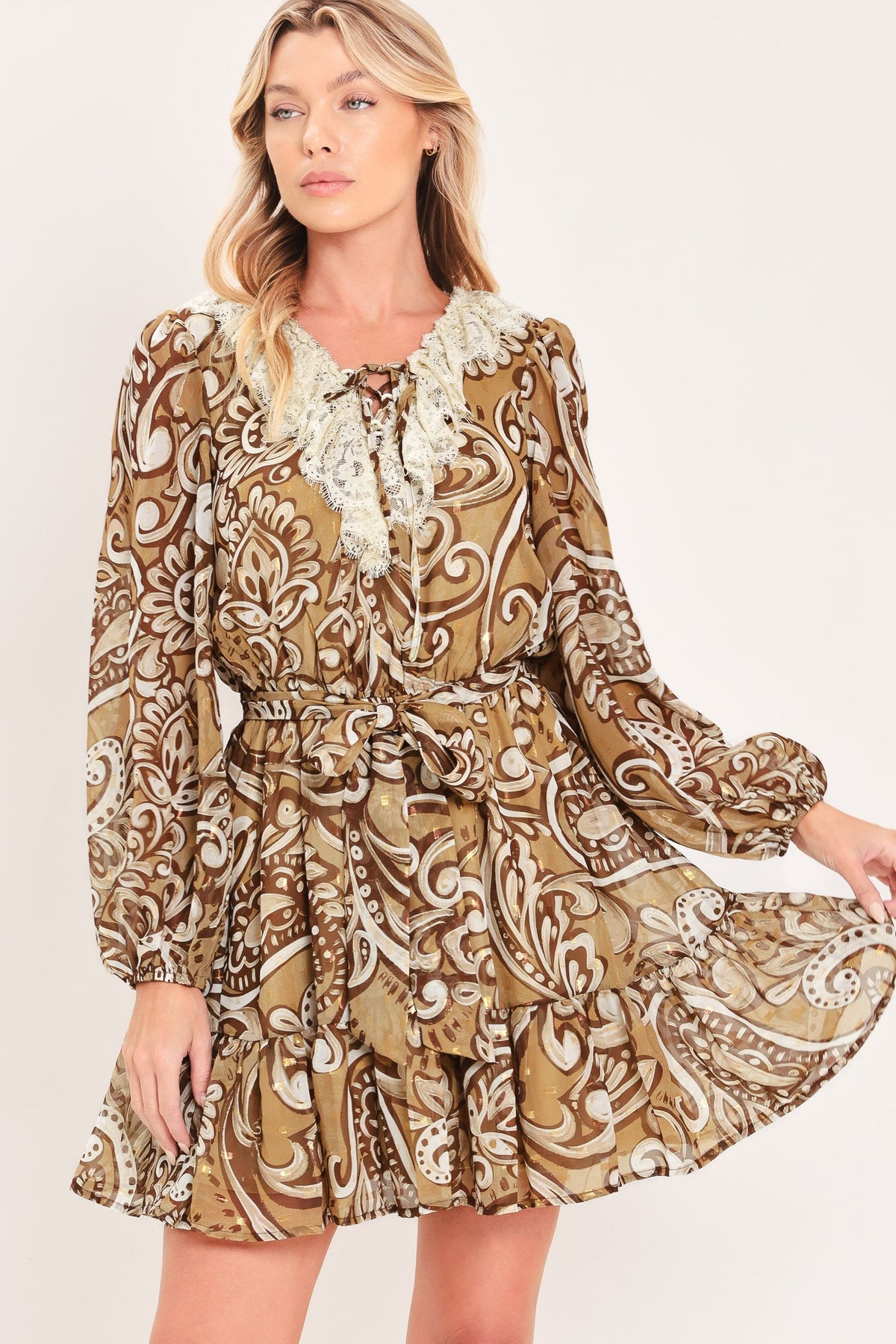 HAZELNUT LACE STORY WOVEN MINI DRESS - Glamourous Grace