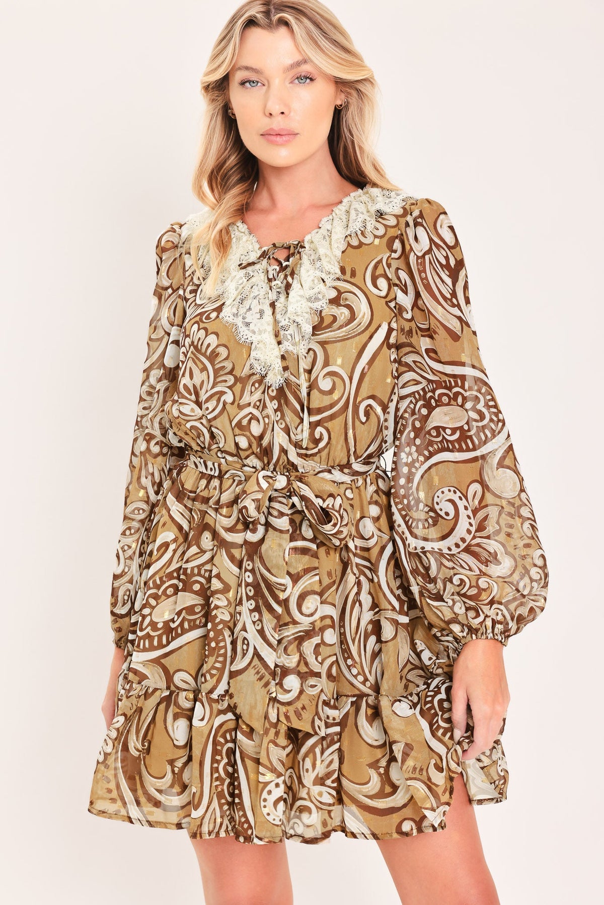 HAZELNUT LACE STORY WOVEN MINI DRESS - Glamourous Grace