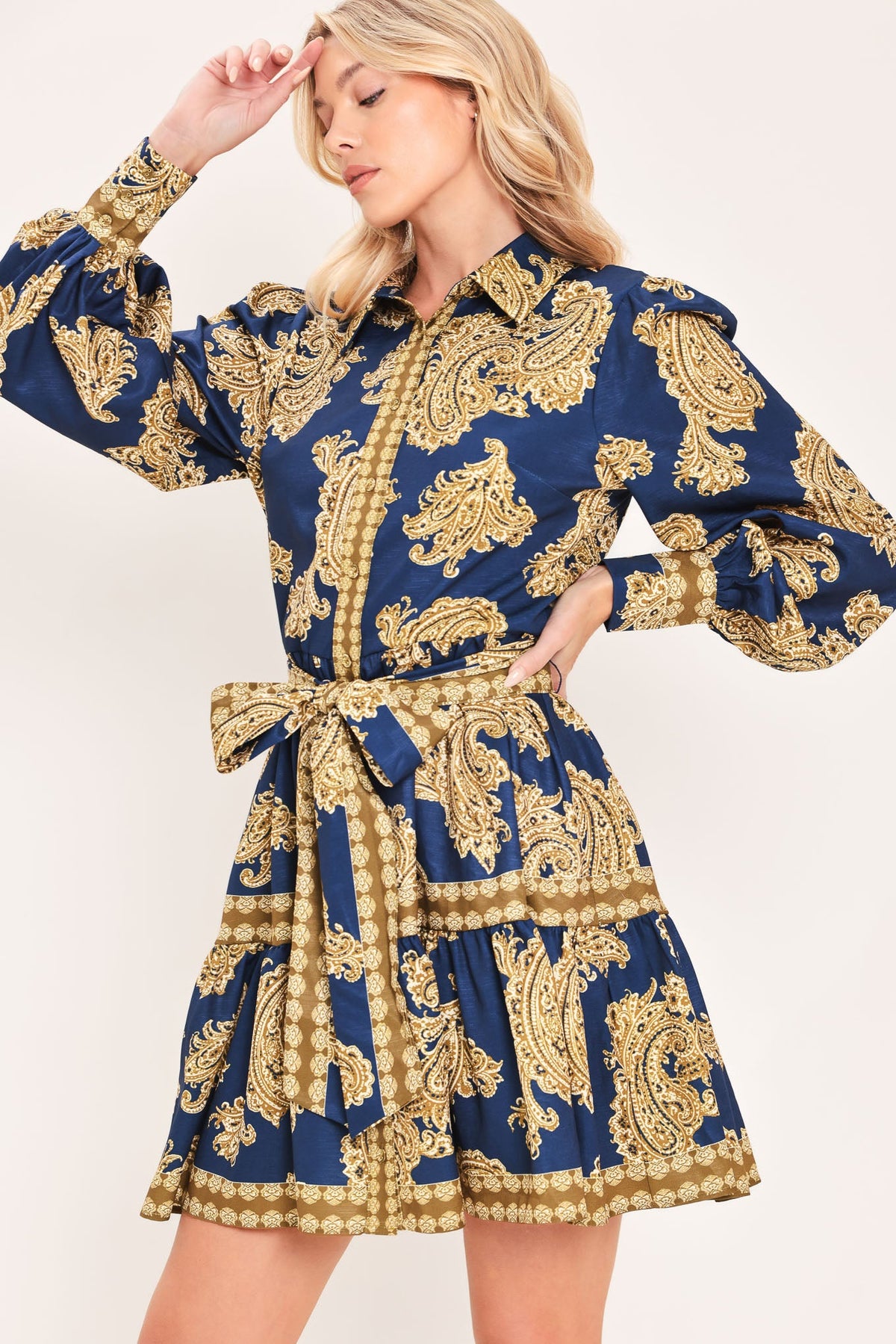SAPPHIRE ORNAMENT WOVEN MINI SHIRT DRESS - Glamourous Grace