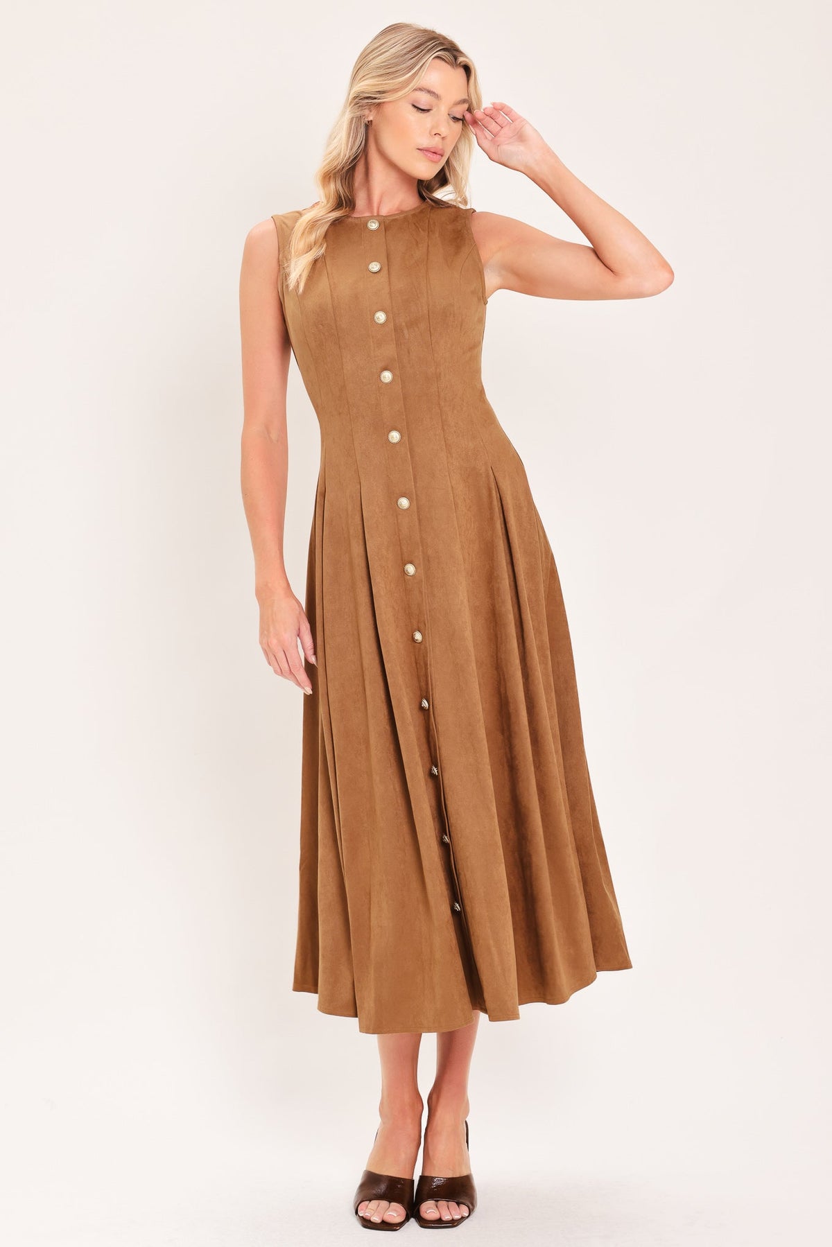 SADDLE SUEDE SWING FAUX SUEDE MIDI DRESS - Glamourous Grace