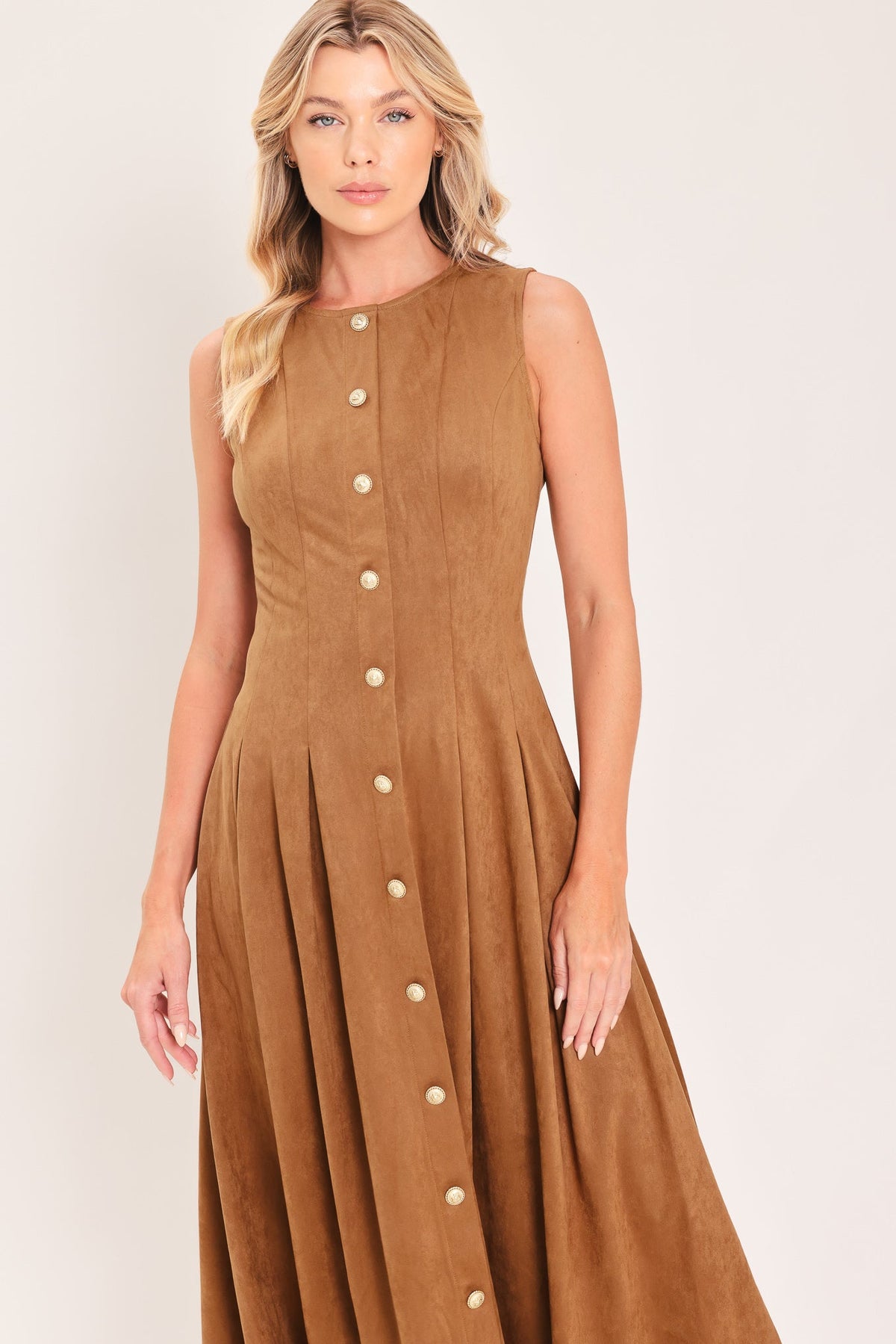 SADDLE SUEDE SWING FAUX SUEDE MIDI DRESS - Glamourous Grace