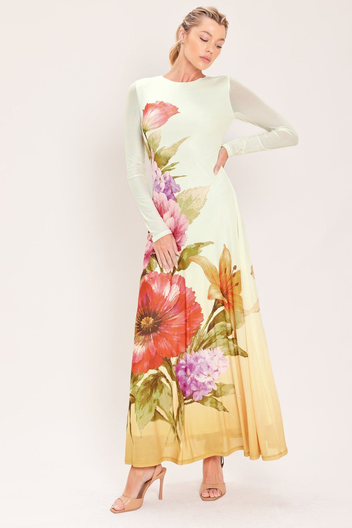 PASTEL BOTANIC SPLENDOR POWER MESH MAXI DRESS - Glamourous Grace