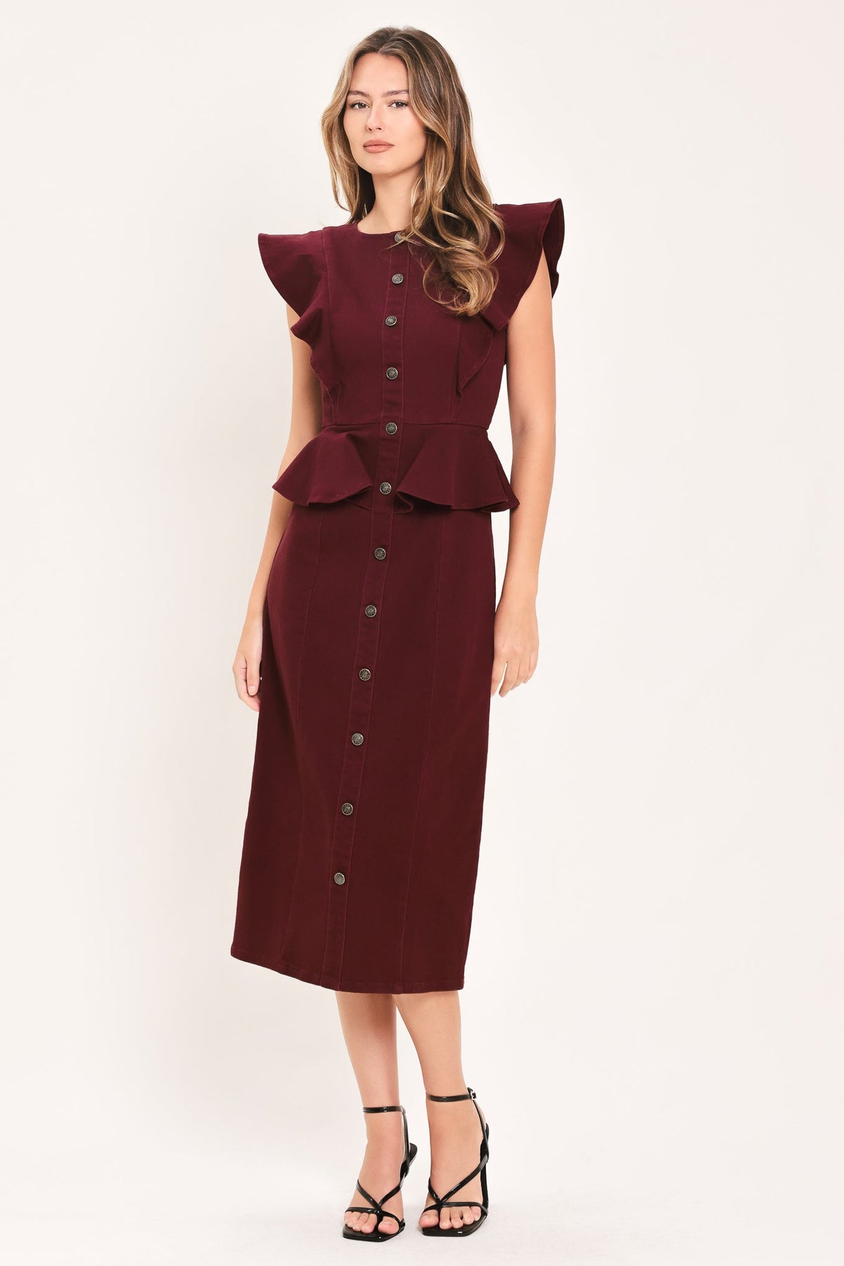 BURGUNDY RUFFLE REVERENCE WOVEN MIDI DRESS - Glamourous Grace