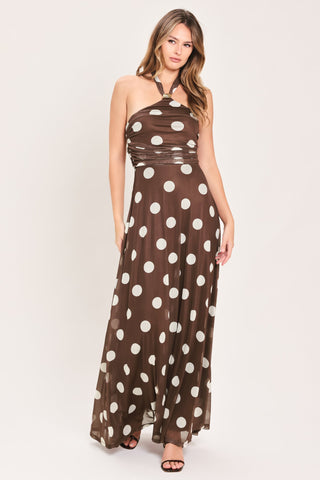 POLKA KISSES HALTER POWER MESH MAXI DRESS