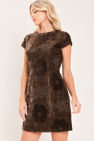 DEEP COFFEE CONTOUR JACQUARD VELVET MINI DRESS