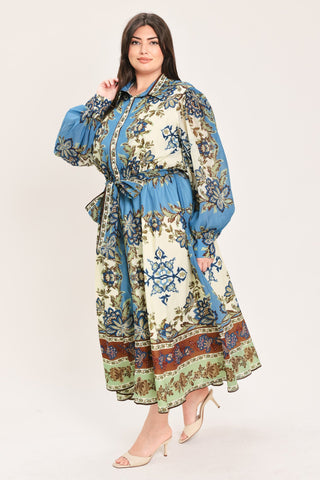 SKYBORNE ORNAMENTAL GRACE WOVEN MIDI SHIRT DRESS