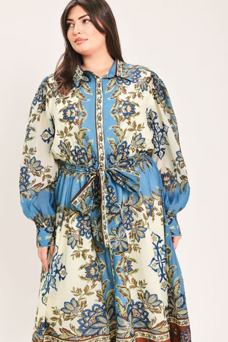 SKYBORNE ORNAMENTAL GRACE WOVEN MIDI SHIRT DRESS
