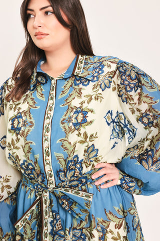 SKYBORNE ORNAMENTAL GRACE WOVEN MIDI SHIRT DRESS