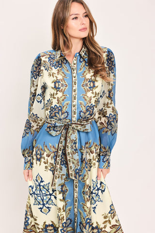 SKYBORNE ORNAMENTAL GRACE WOVEN MIDI SHIRT DRESS