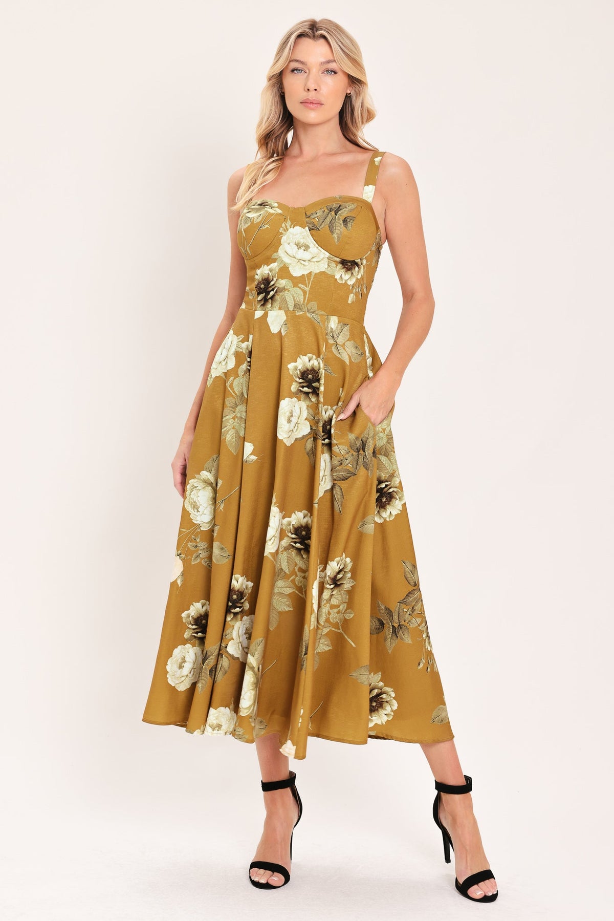 MUSTARD ROSETTE MELODY WOVEN MIDI DRESS - Glamourous Grace