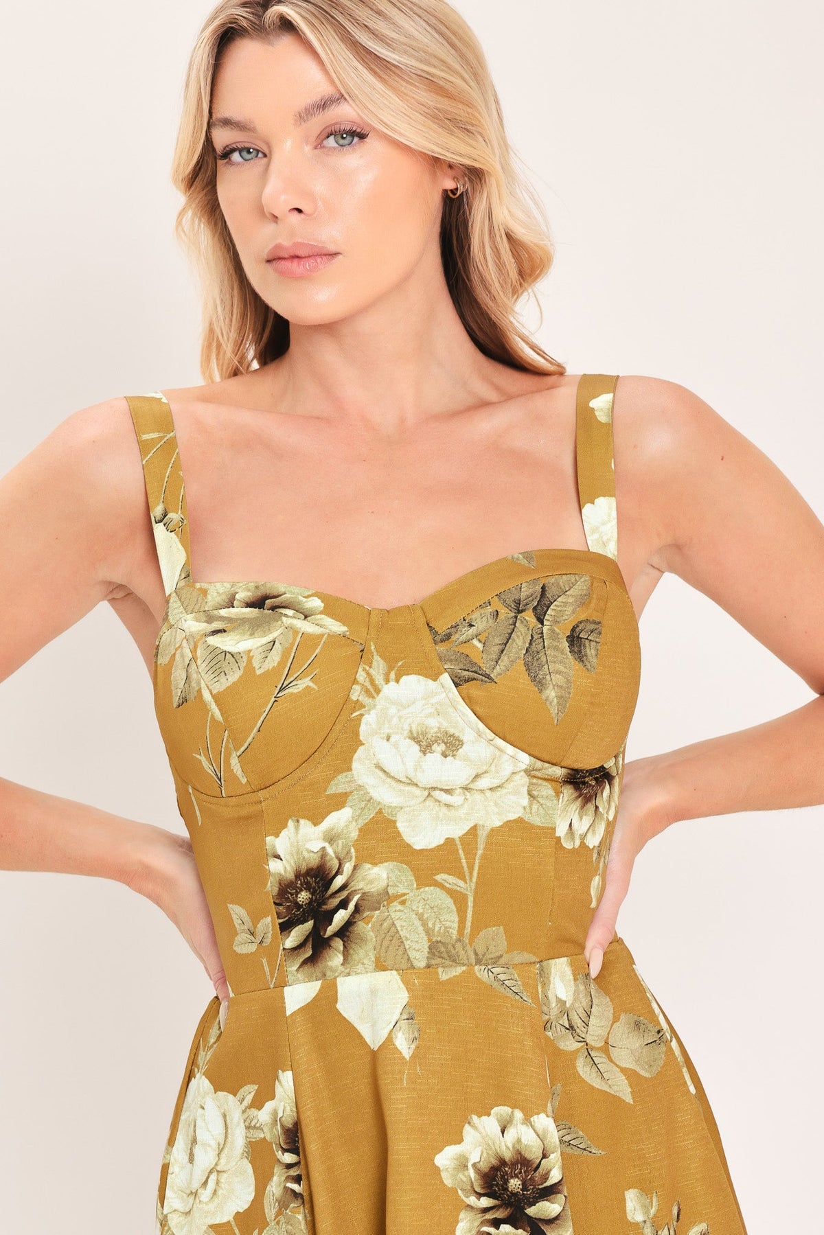 MUSTARD ROSETTE MELODY WOVEN MIDI DRESS - Glamourous Grace