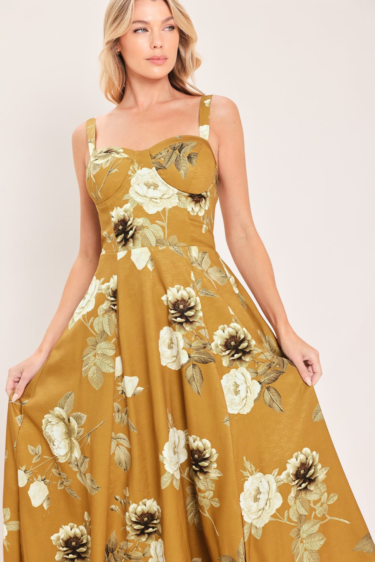 MUSTARD ROSETTE MELODY WOVEN MIDI DRESS - Glamourous Grace