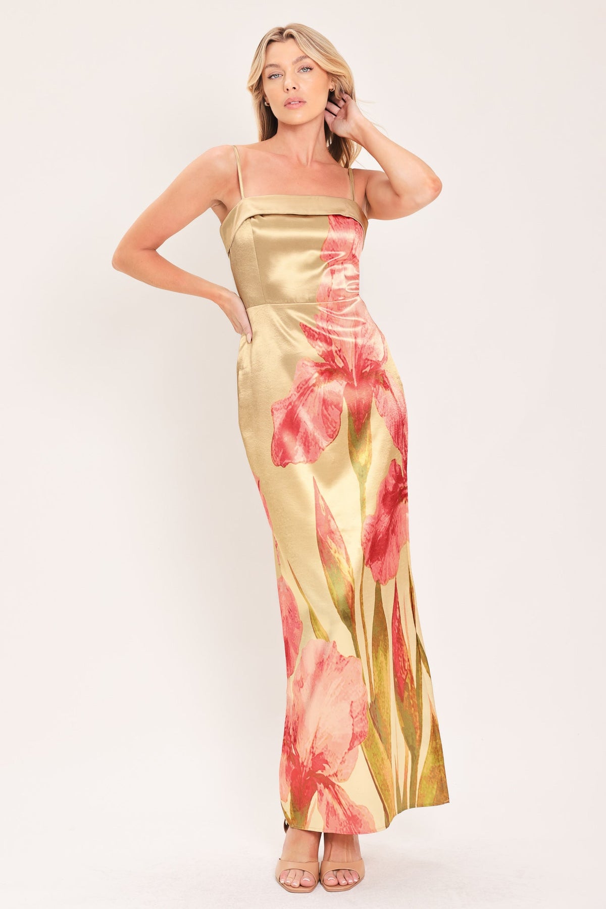 ROSÉ GARDEN GLEAM WOVEN COLUMN MAXI DRESS - Glamourous Grace