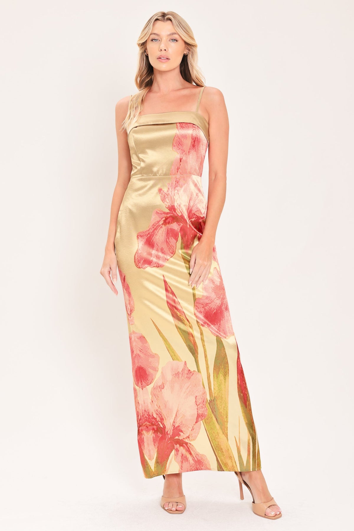 ROSÉ GARDEN GLEAM WOVEN COLUMN MAXI DRESS - Glamourous Grace