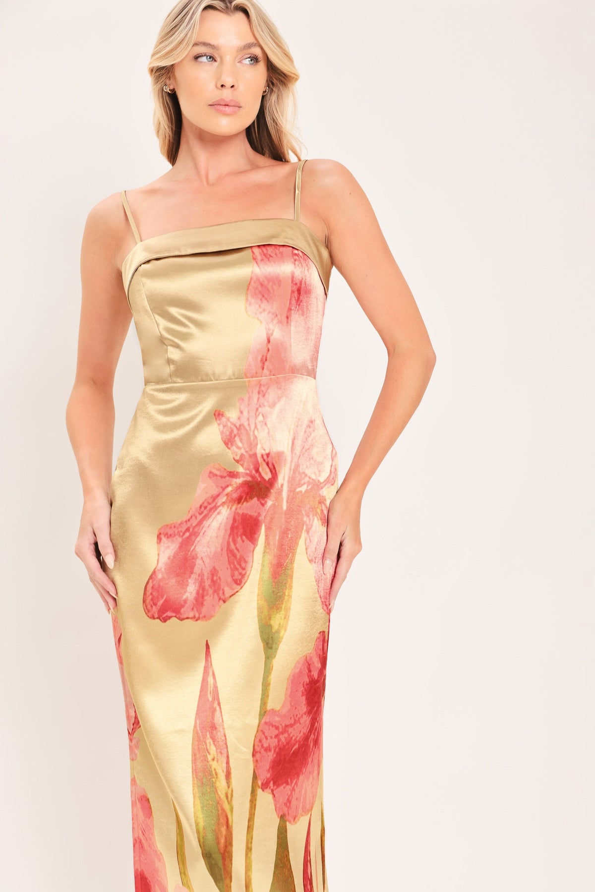 ROSÉ GARDEN GLEAM WOVEN COLUMN MAXI DRESS - Glamourous Grace