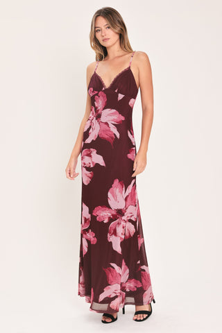 MIDNIGHT MERLOT LACE TRIM MESH MAXI DRESS
