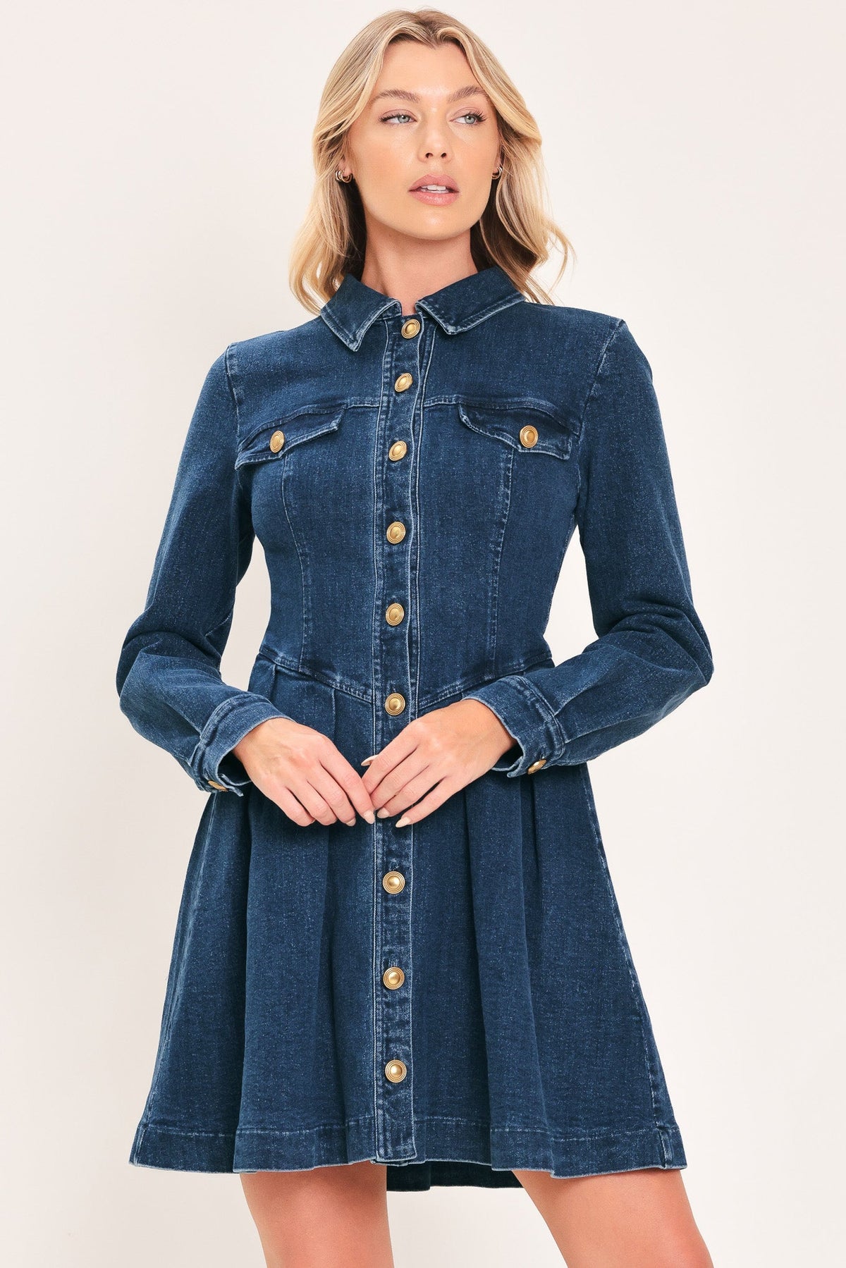 DENIM HERITAGE FLARE MINI DRESS - Glamourous Grace