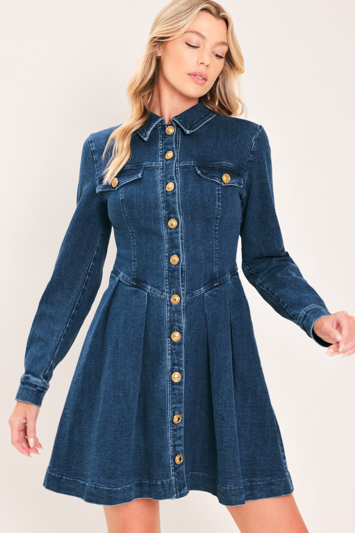 DENIM HERITAGE FLARE MINI DRESS - Glamourous Grace